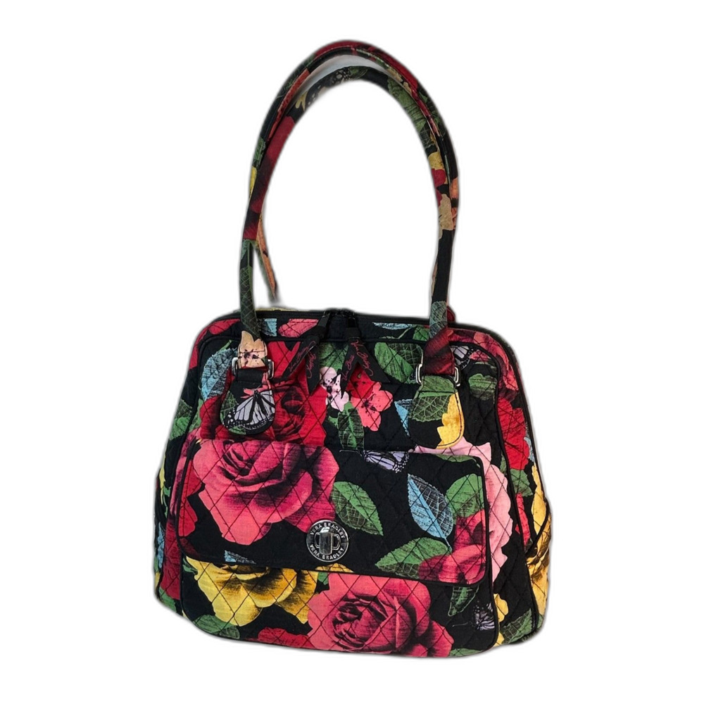 Vera Bradley Havana Rose Black Multicolor Rose Print Cotton Quilted Satchel Bag